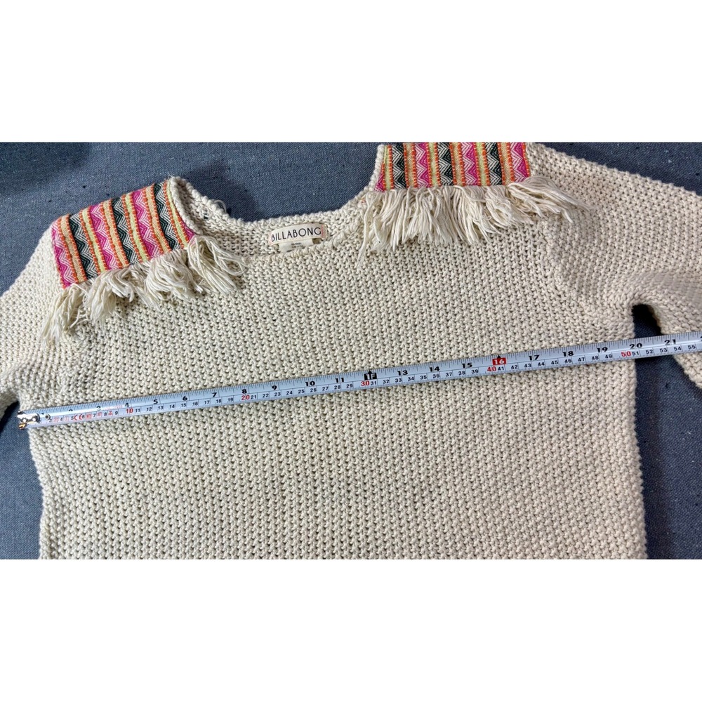 Billabong Cream Cotton Knit Fringe Sweater Boho Southwestern Embroidered Large - Picture 4 of 7